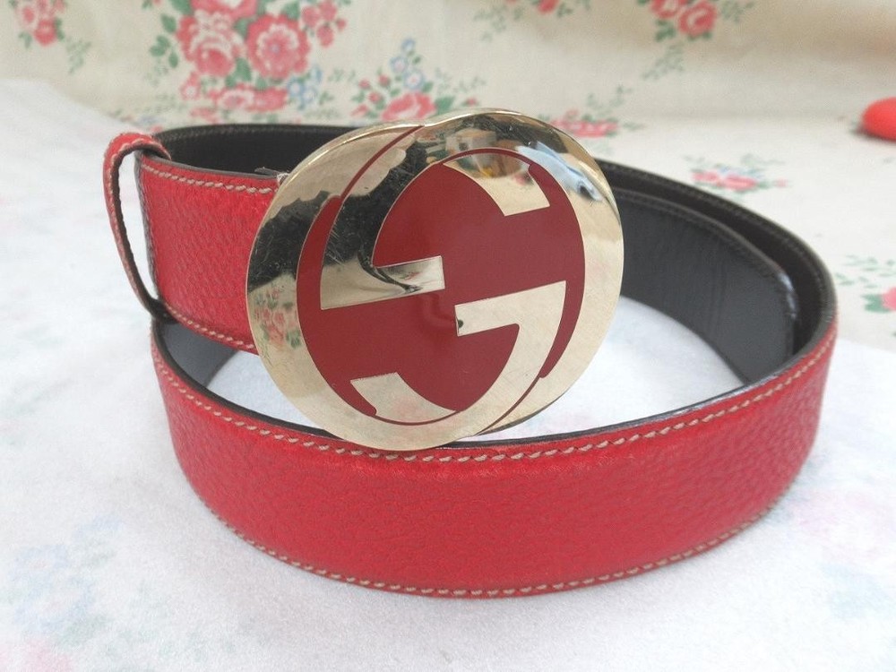 Gucci GG Interlocking Leather Belt Red Gold Buckle Authentic Japan