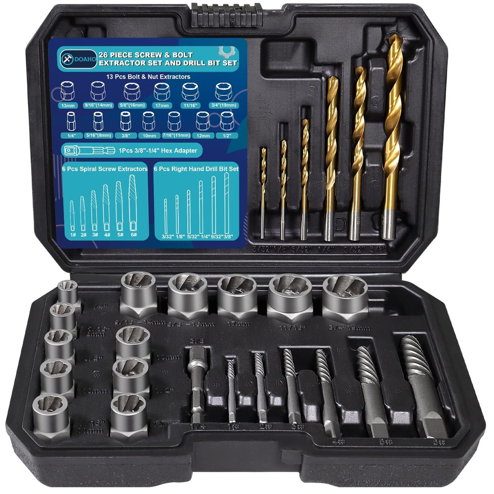 DOAHO 26-Piece Impact Bolt Extractor Set with Spiral Screw Removers and Left-Hand Drill Bits