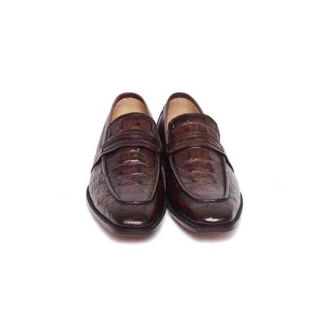 Handmade Brown Leather Office Moccasins Slip On Croc Textured Formal Shoes