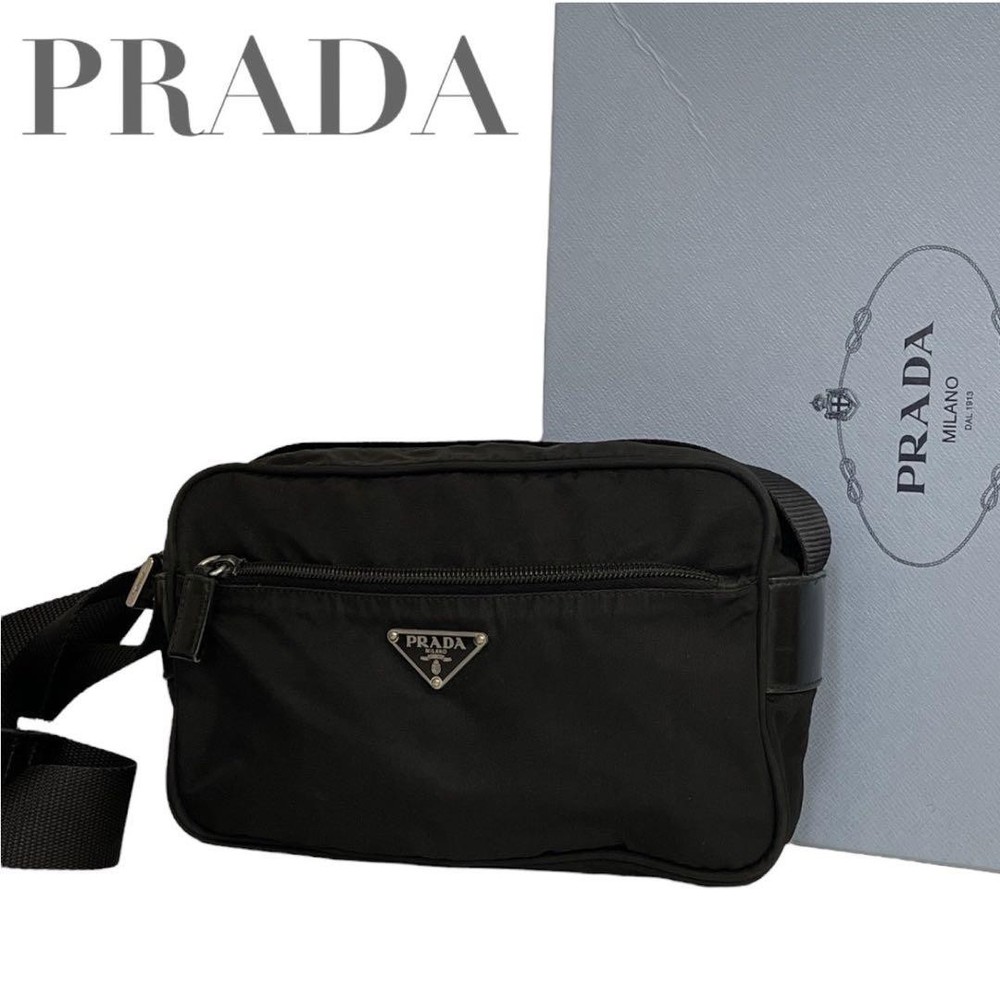 Prada Black Triangle Logo Nylon Crossbody Camera Bag AA Condition  