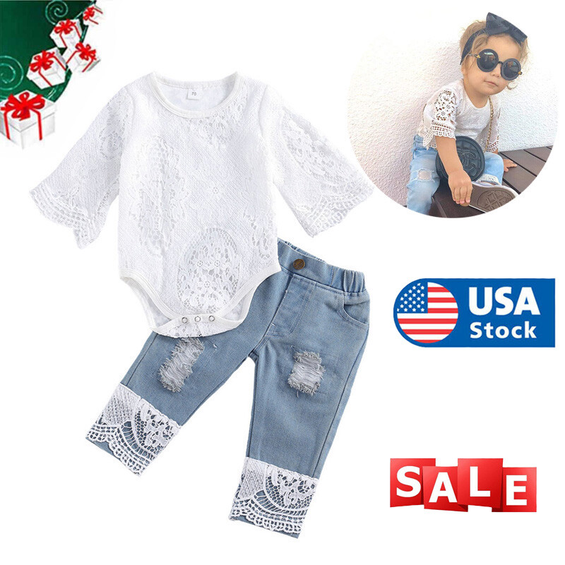 Baby Girl Clothes Fall Cute Baby Girl Outfit Sets Lace Romper Blue Denim Pant