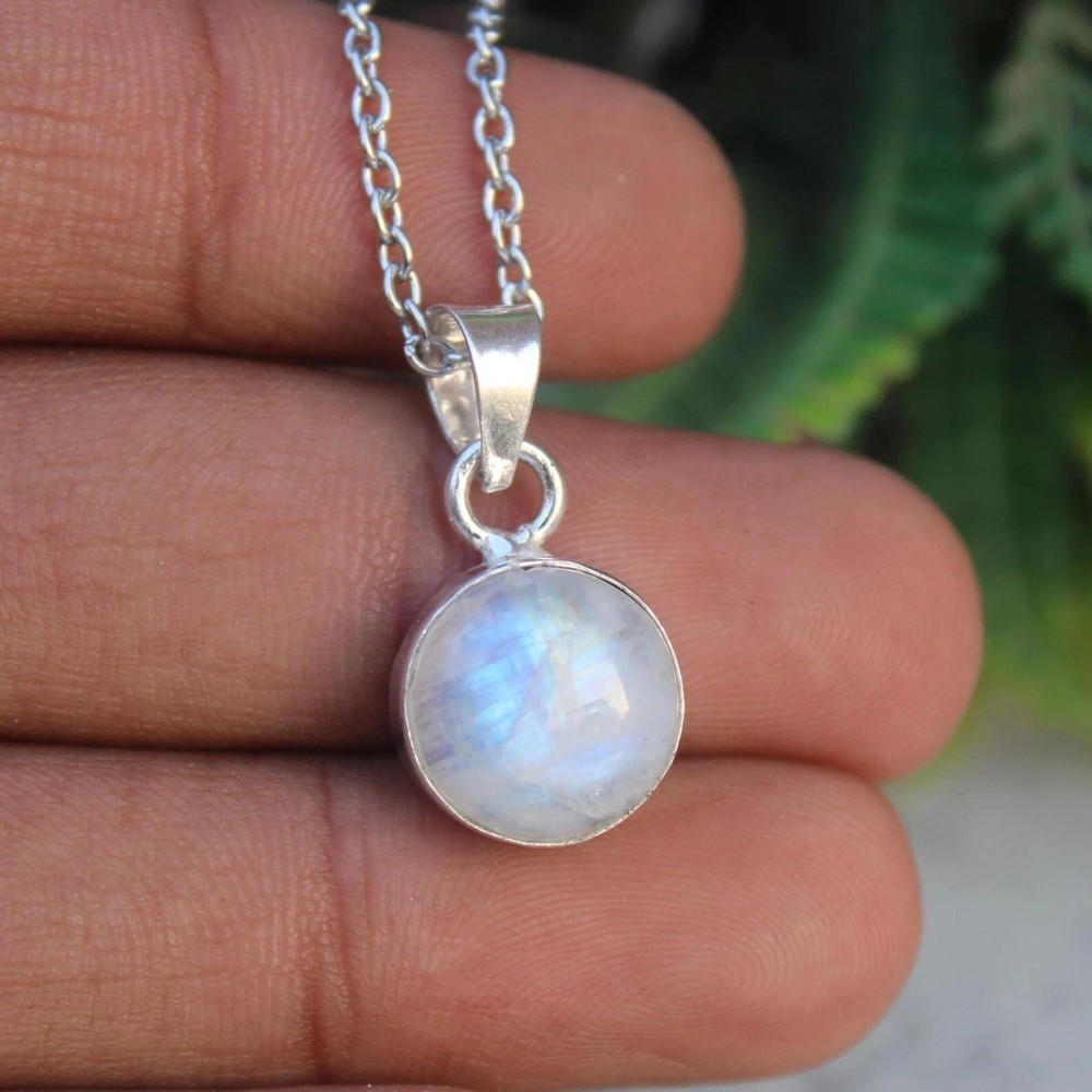 15 Ct Natural Rainbow Moonstone Gemstone Sterling Silver Round Cut Pendant