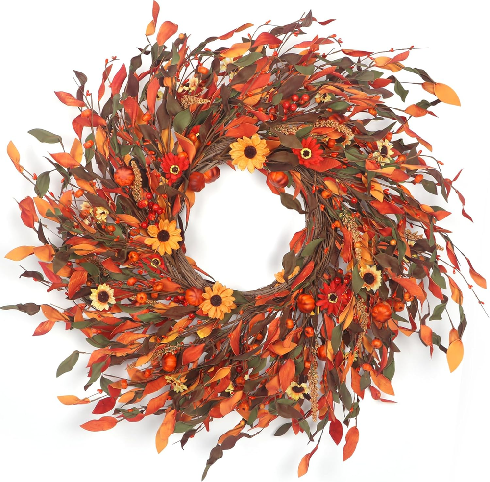 25 Inch Autumn Daisy Pumpkin Wreath for Front Door Thanksgiving Decor