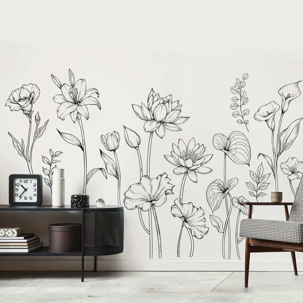 Large Black and White Flower Wall Decals Simple Modern Minimalist Garden Flower