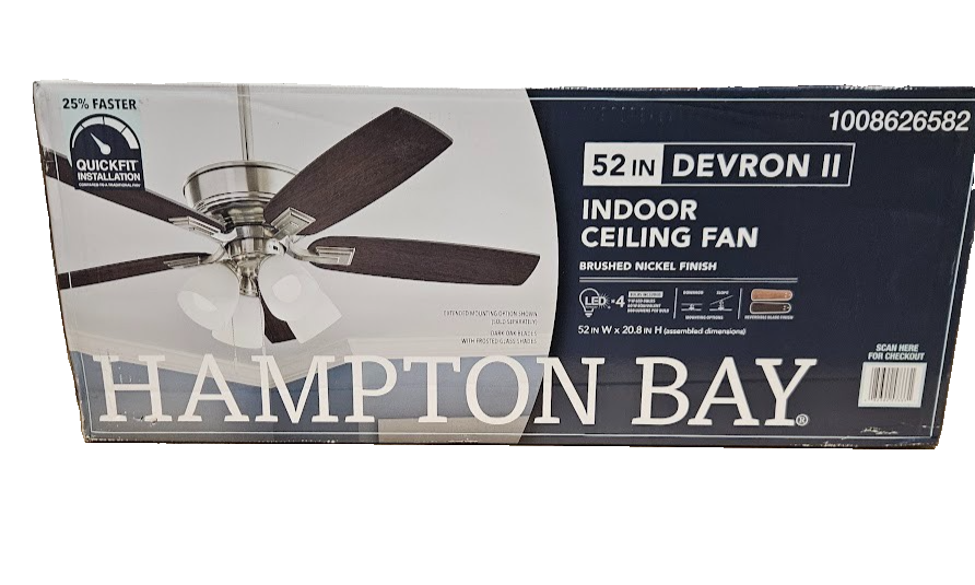 Hampton Bay Devron II 52 in. Indoor Brushed Ceiling Fan with Light Kit New
