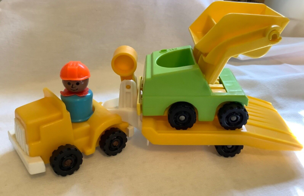 Vintage Little People Yellow Tow Truck Trailer Car Hauler Flatbed, Dump truck