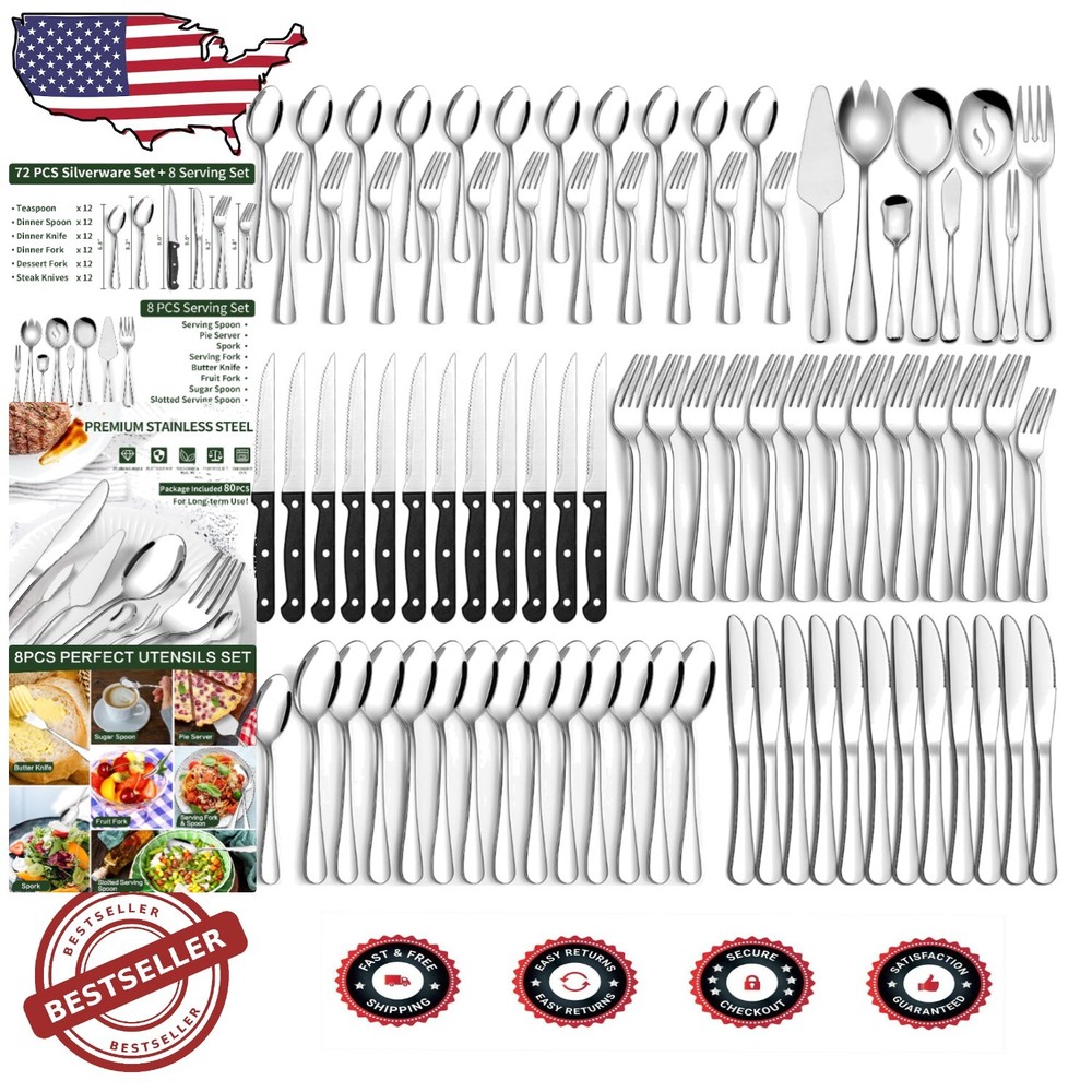 Elegant 80-Piece Silverware Set with Serving Tools for Parties & Homes