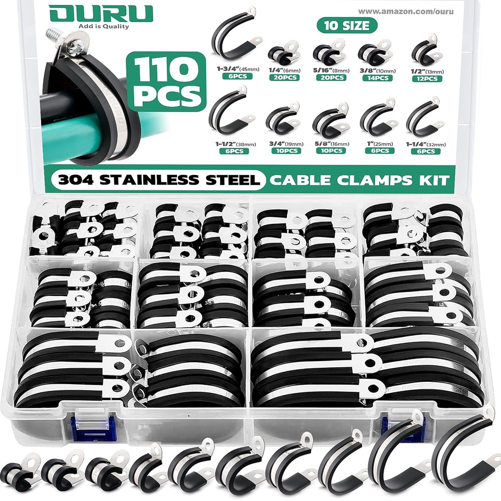 110PCS Stainless Steel Rubber Coated Cable Clamps Kit in 10 Sizes for Secure Wiring