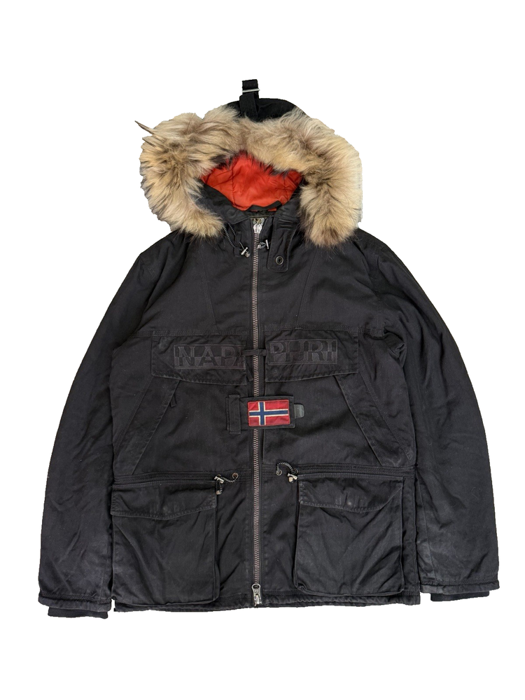 NAPAPIJRI Open Skidoo Gray Jacket Winter Real Fur Coat Hooded Men's Size Medium