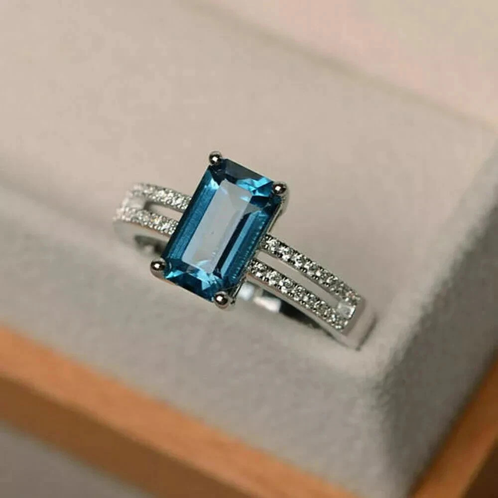 2.76 CT Emerald Cut London Blue Topaz Diamond Ring 14K White Gold