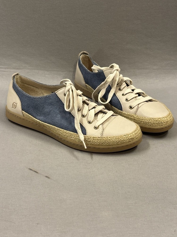 Born Corfield Women’s Lace Up Sneakers Size 9 EUC Jute Wrapped Sole Blue Cream