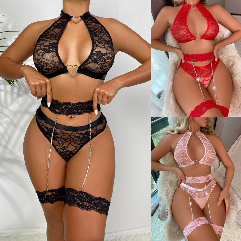 Women's Lace Heart Button Neck Hanging Underwear Doll Underwear Pajamas USA