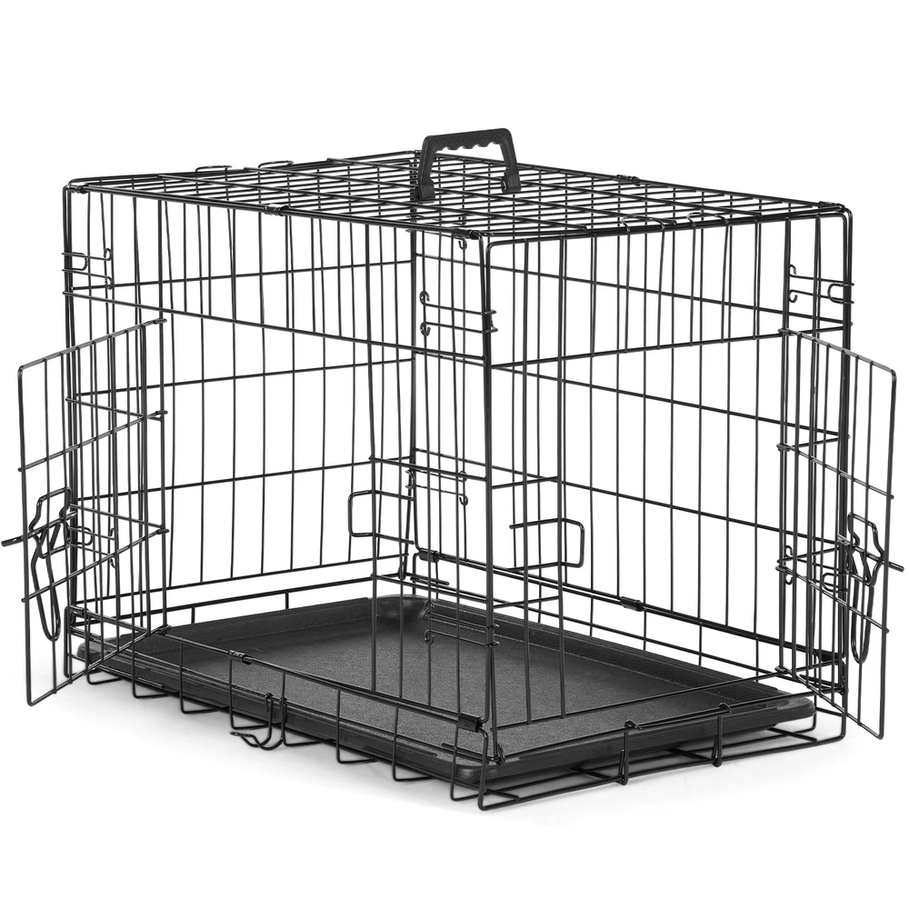 Double Door Foldable Metal Wire Dog Crate with Leak-Proof Plastic Tray-image