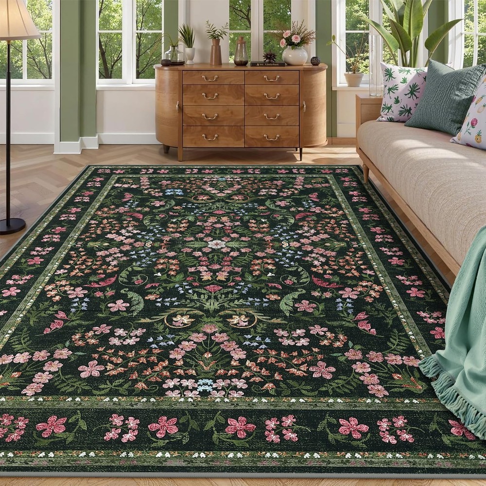 Washable Area Rug 9x12 Boho Floral Low Pile Non-Slip Carpet for Living Room