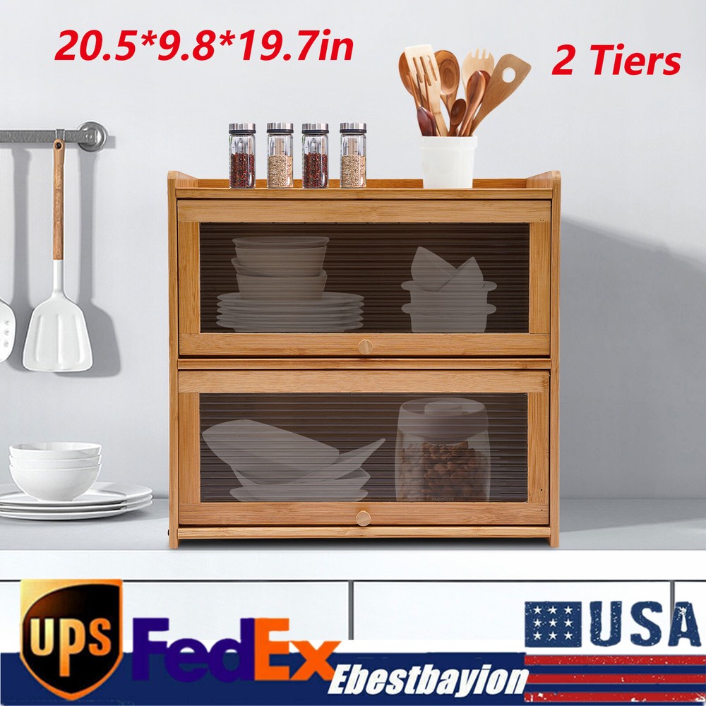 2-Tier Bamboo Countertop Cabinet with Large Storage Space Made in USA