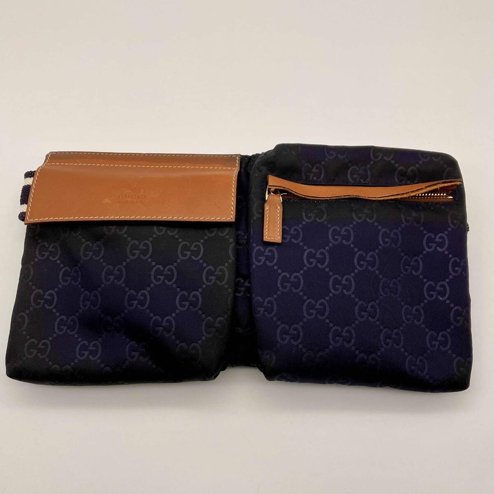 Auth GUCCI Navy Camel GG Logo Canvas Leather Waist Pouch Bum Bag 28566