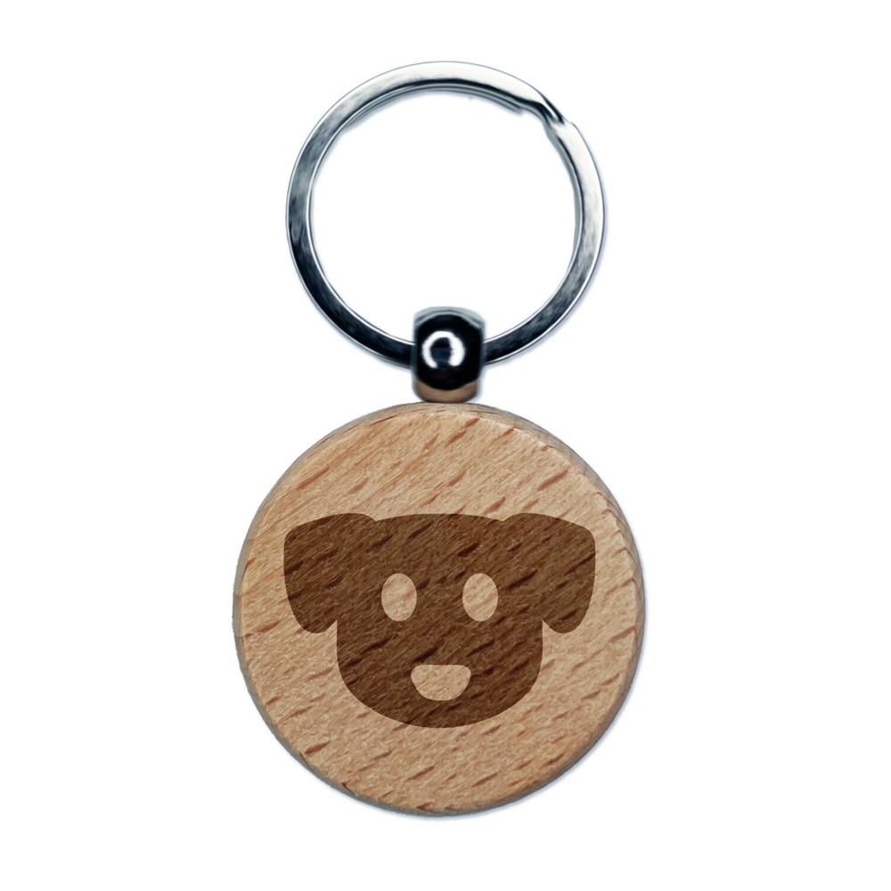 Engraved Wooden Round Keychain with Cute Puppy Dog Head Icon