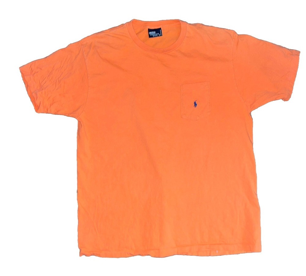 VINTAGE Ralph Lauren Polo Shirt Mens Large Orange Blue Pony Pocket Made in USA