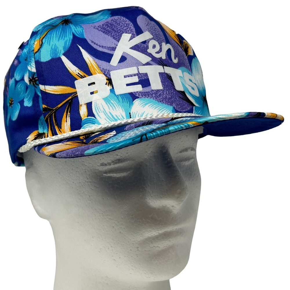 Vintage Ken Betts Hawaiian Baseball Cap Hat Floral 90s Rope Cord Snapback Blue