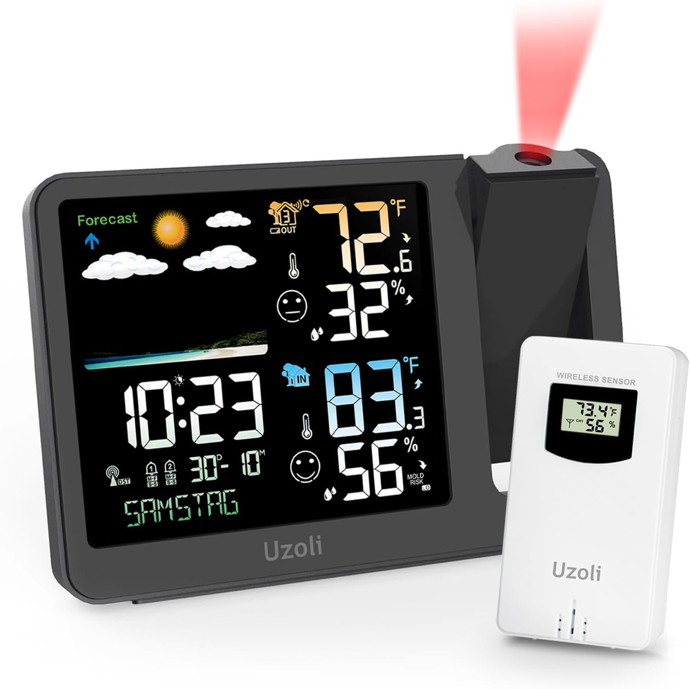 Projection Alarm Clock Weather Station, WWVB Atomic Projector Clock with Sensor,