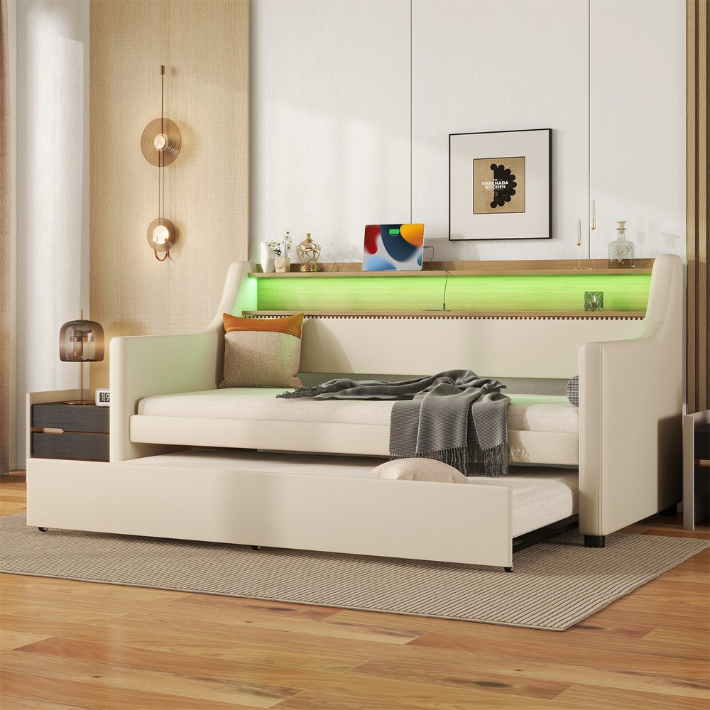 Twin Upholstered Daybed with Trundle, Charging Station & LED Lights
