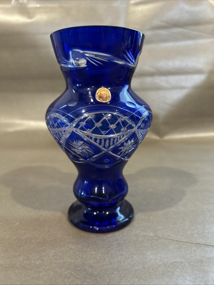 Vintage Bohemian Hand Cut Cobalt Blue Cut to Clear Crystal Glass Footed Vase 6”