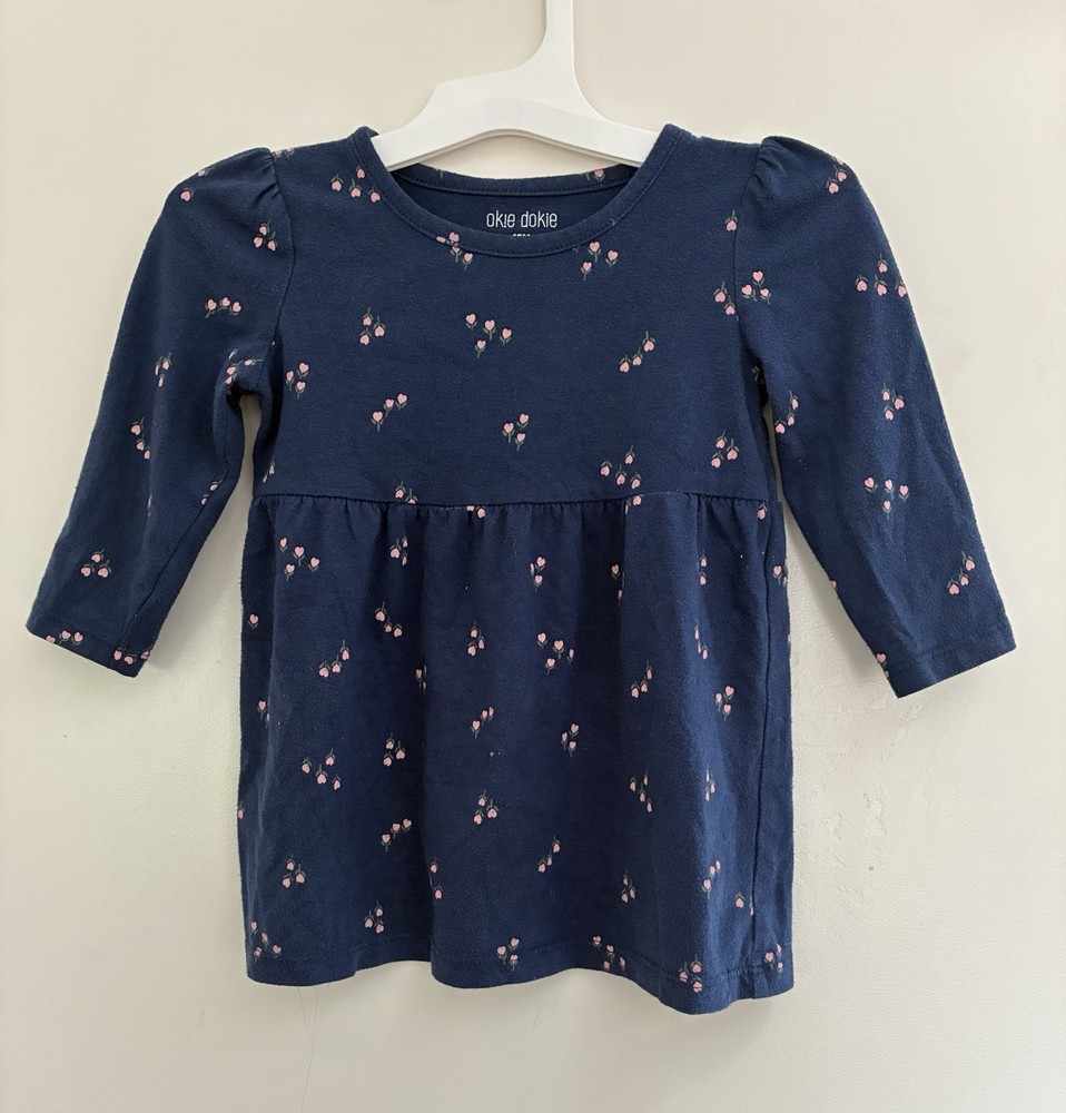 okie dokie Baby Girls Heart Floral Cotton Long Sleeve Fit & Flare Dress Navy 12M