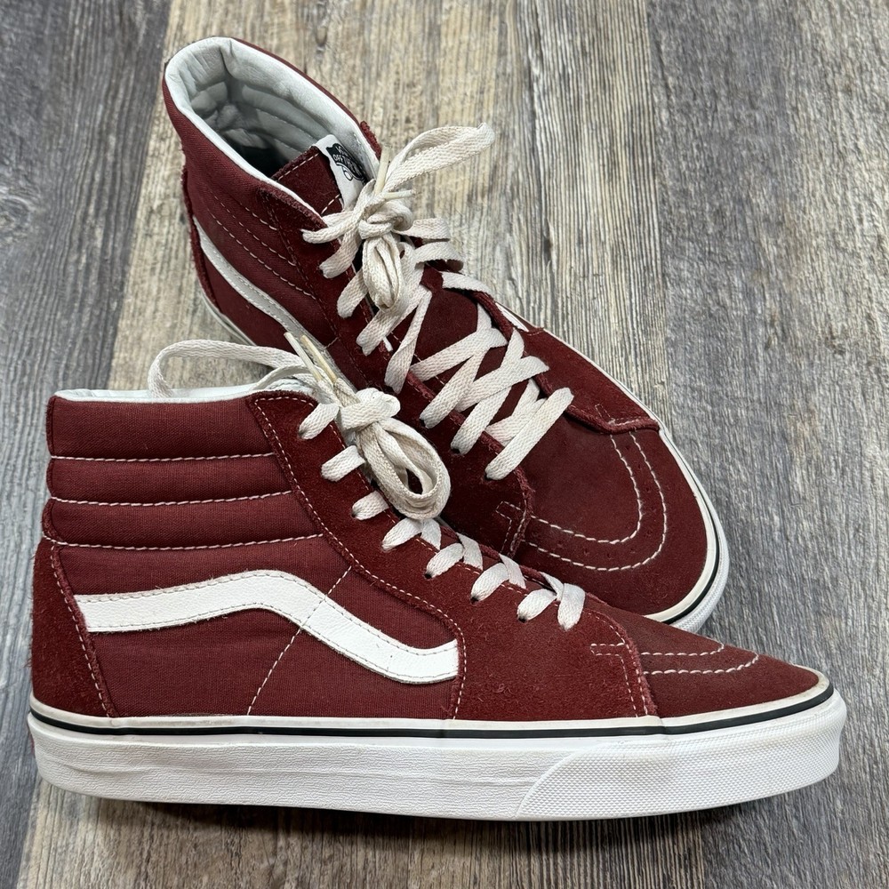 Vans Sk8-Hi Burgundy High Top Skate Shoe Mens 9 Womens 10.5 Stripe Red Sneaker
