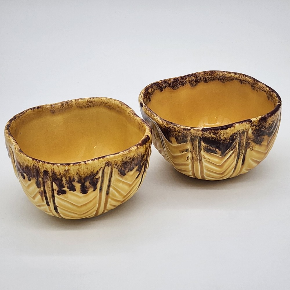 2 Vintage Mancer Hand Painted Bowls Made in Italy Yellow and Brown