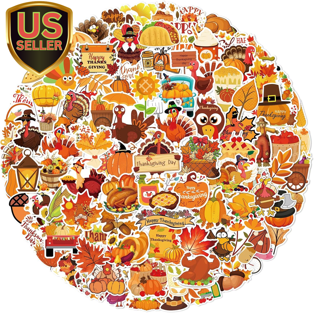101 PCS Thanksgiving Stickers Fall Cute Waterproof Vinyl Gift Stickers for Wa...