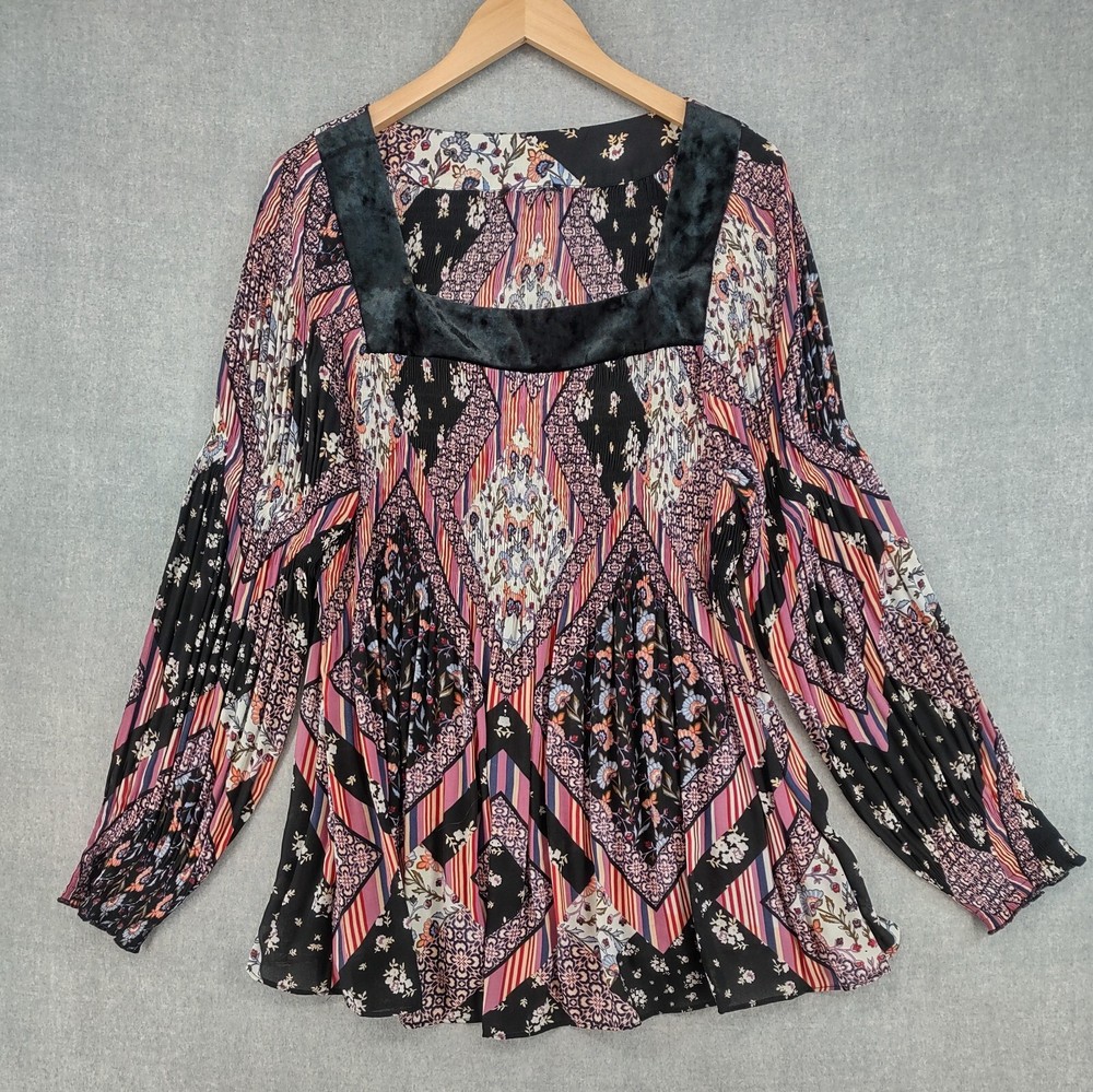 Melissa Paige Top Womens Large Multicolor Bohemian Crepe Velvet Accordion Pleat