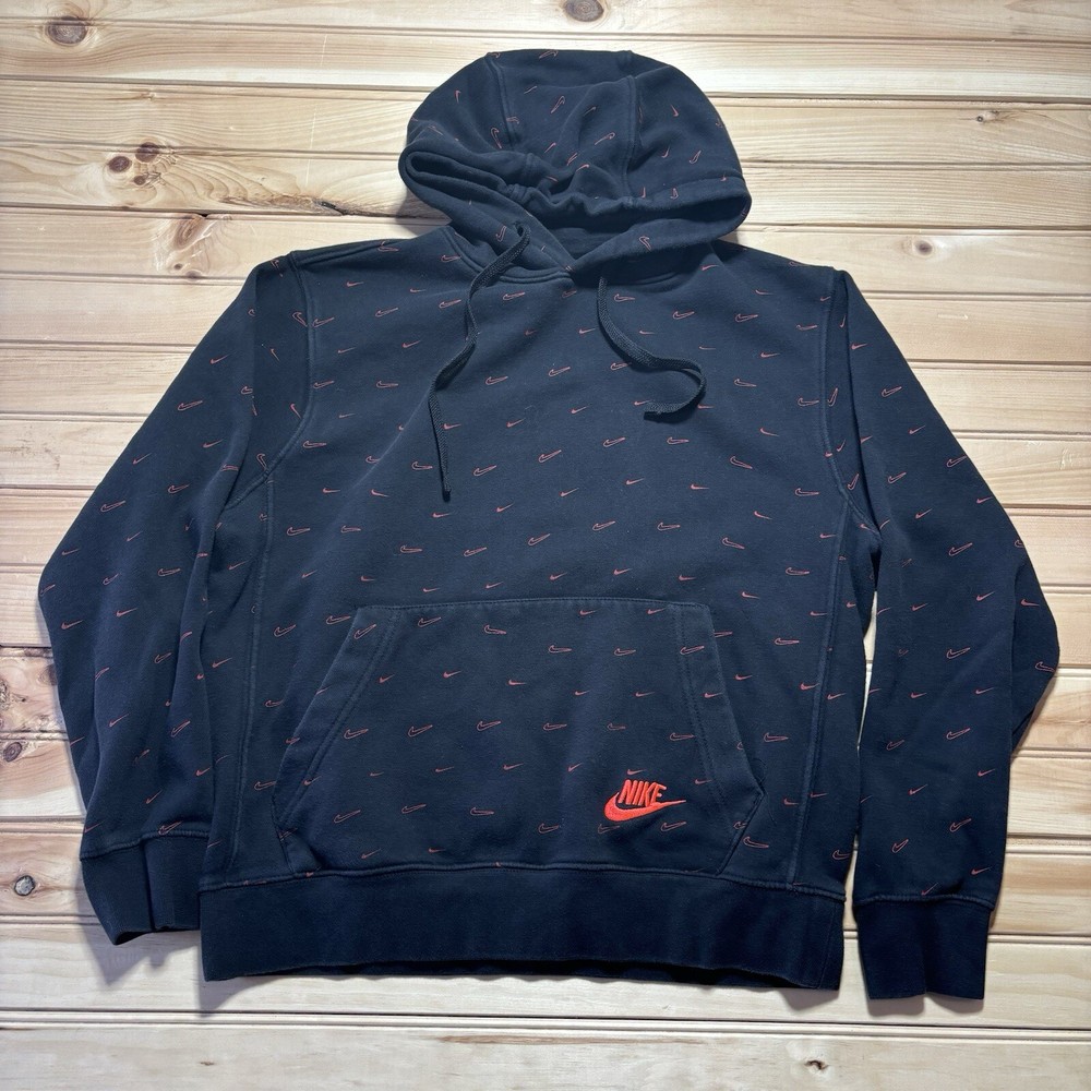 Nike All Over Print AOP Swoosh Bred Hoodie Sweatshirt Size Small Black Red
