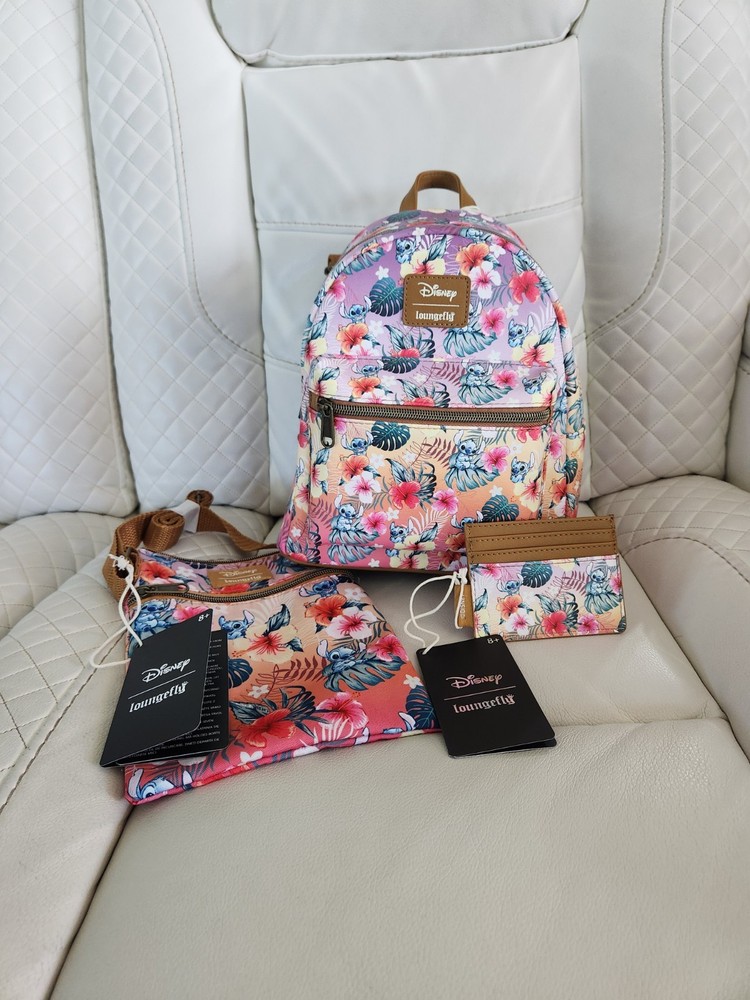 Loungefly Stitch Tropical Flowers Mini Backpack, Cardholder, Passport Crossbody