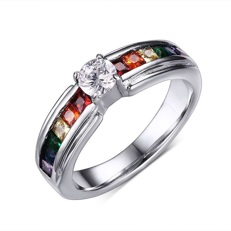 4MM Colorful Zircon Titanium Steel Women's Fashion Rainbow Ring Size 5-11