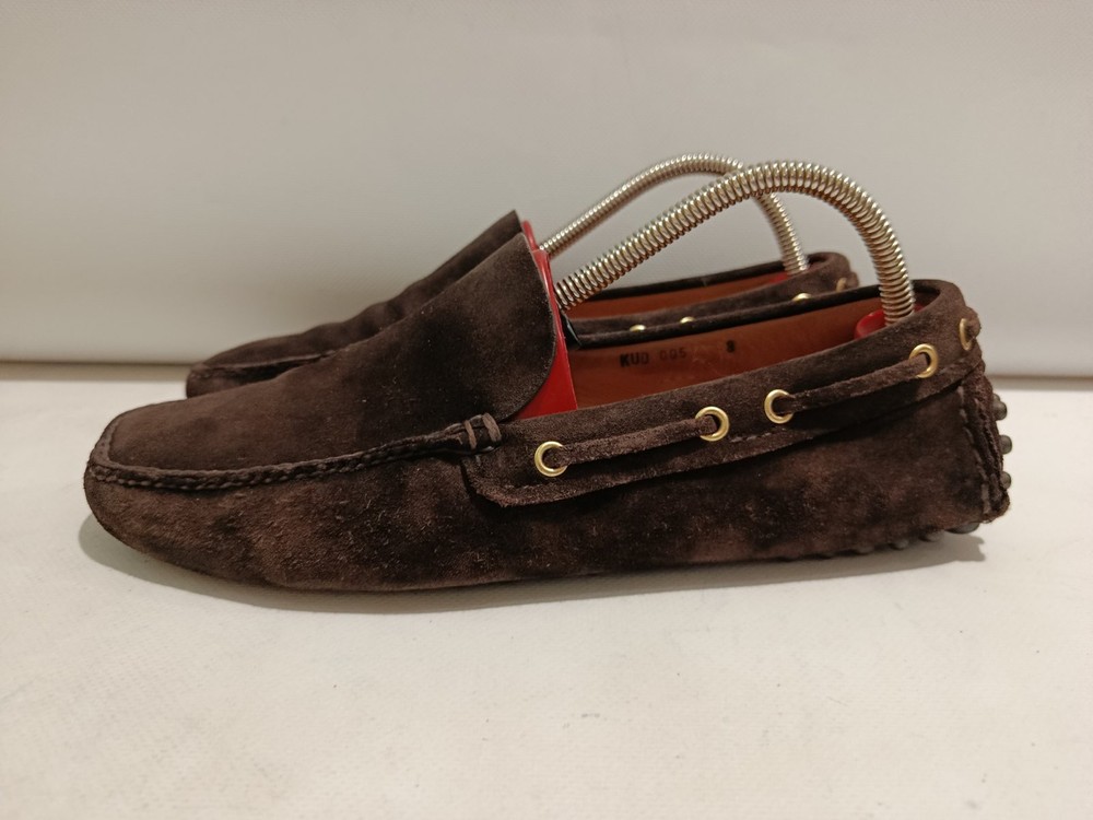 Prada Car Shoe Navy Brown Calf Suede Driving Loafers Moccasins US 8 42