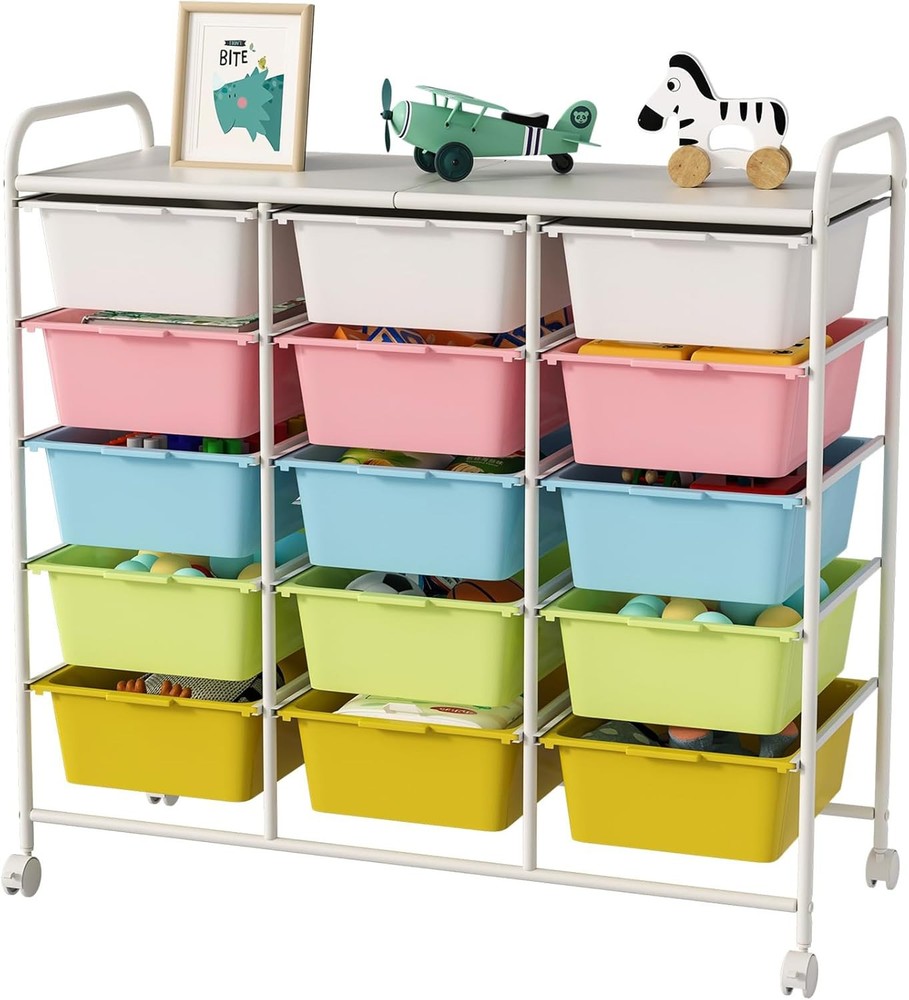 15 Drawers Rolling Cart with Wheels, Plastic Storage Drawer with Metal Frame, Mu