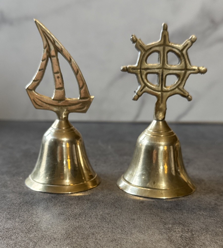Vintage Brass Bell - Nautical Sailboat And Captains Wheel- Novelty Set Of 2