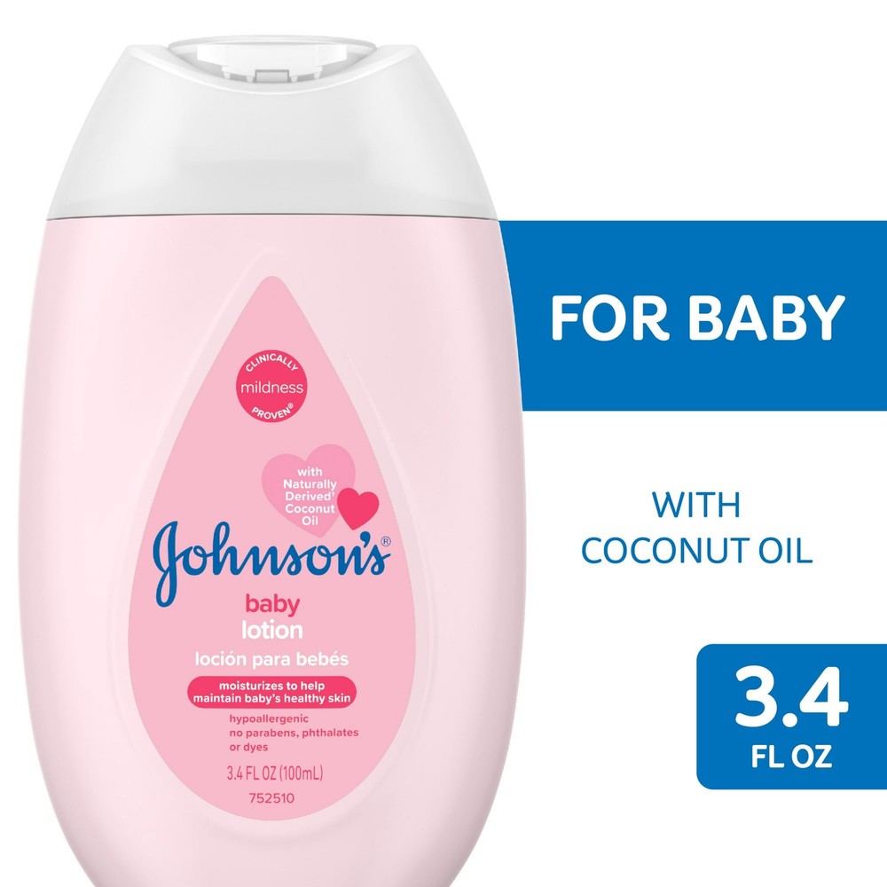 Johnson's Moisturizing Mild Pink Baby Body Lotion Coconut Oil 3.4 Floz (2 Pack)