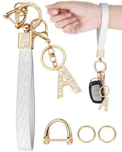 Leather Wristlet Keychain Bracelet for Car Keys in White