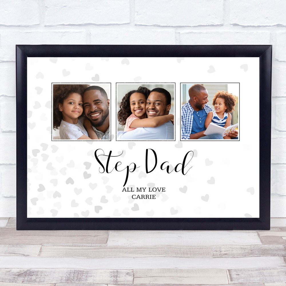 Fathers Day Stepdad Photo Silver Faded Hearts Personalised Gift Print-image