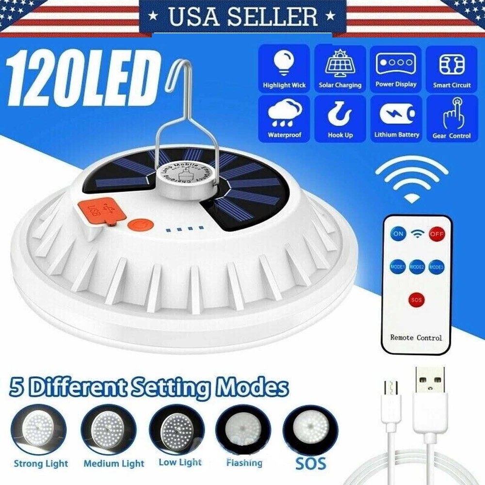 Solar USB LED Rechargeable Camping Lantern Light Emergency Lamp Remote Control