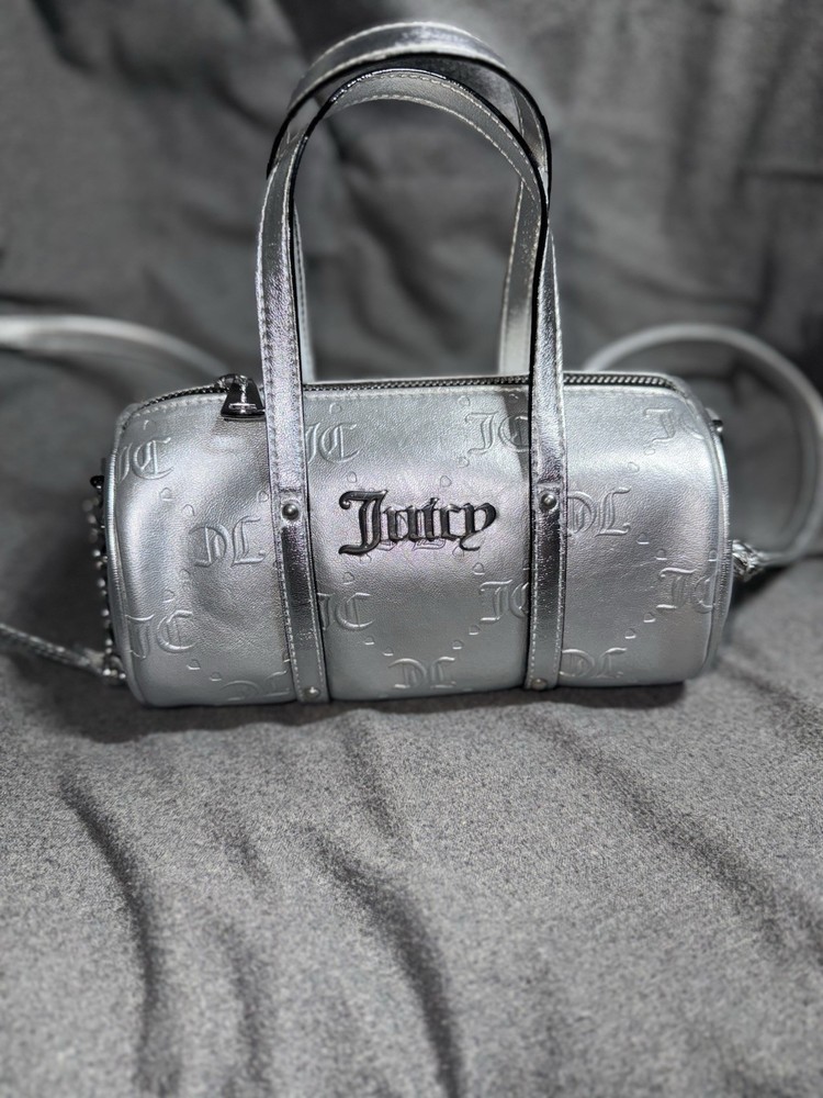 Juicy Couture Silver Metallic Cylinder Satchel Embossed Logo Double Handles