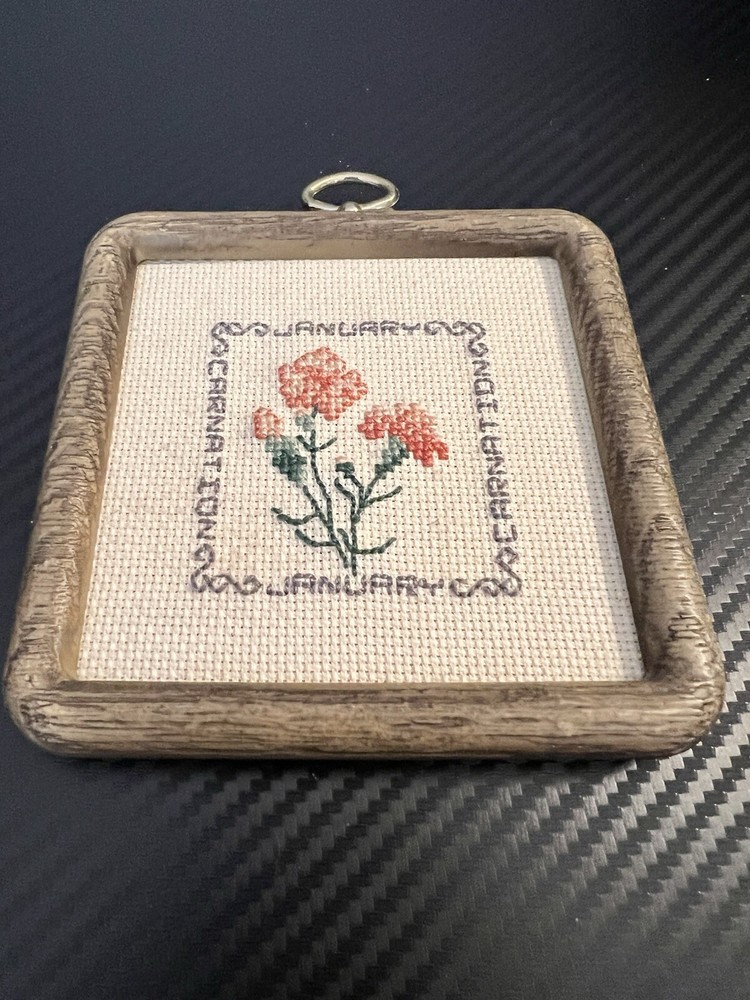 Handmade January Carnation Cross Stitch Wall Art With Frame