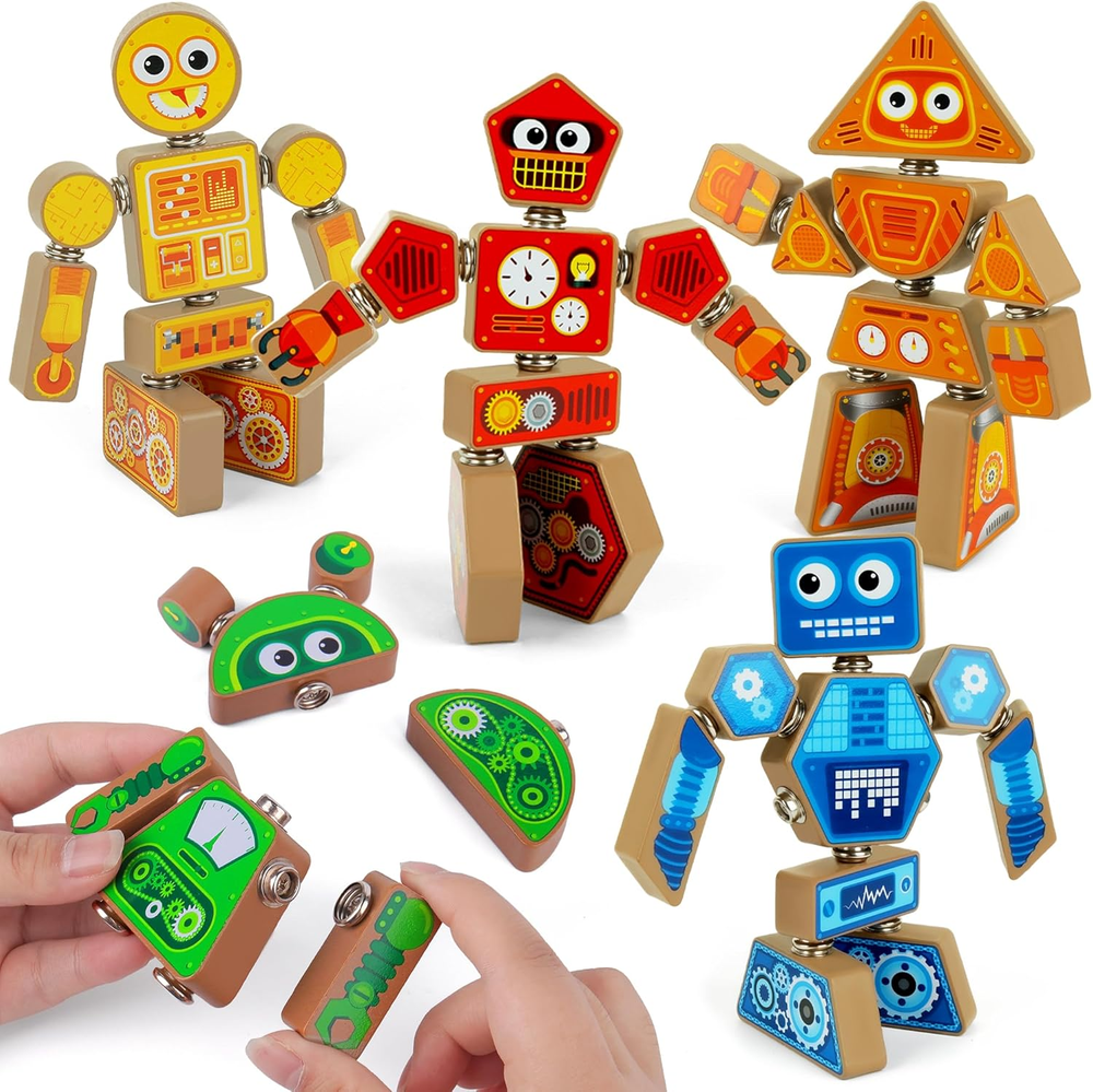 Snap Together Robot Builders for Toddlers, Wooden Take Apart Robot Build Block P