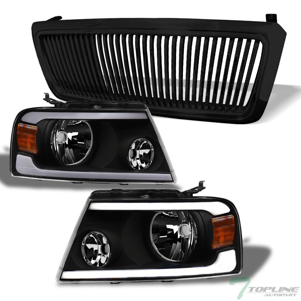 Topline For 2004-2008 F150 Black LED Strip Bar Headlights Amber+Vertical Grille