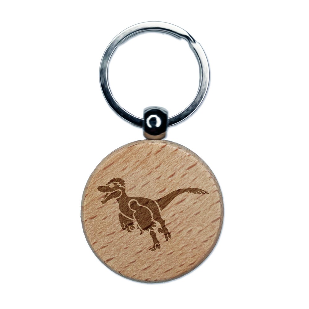 Velociraptor Dinosaur Running Engraved Wood Round Keychain Tag Charm