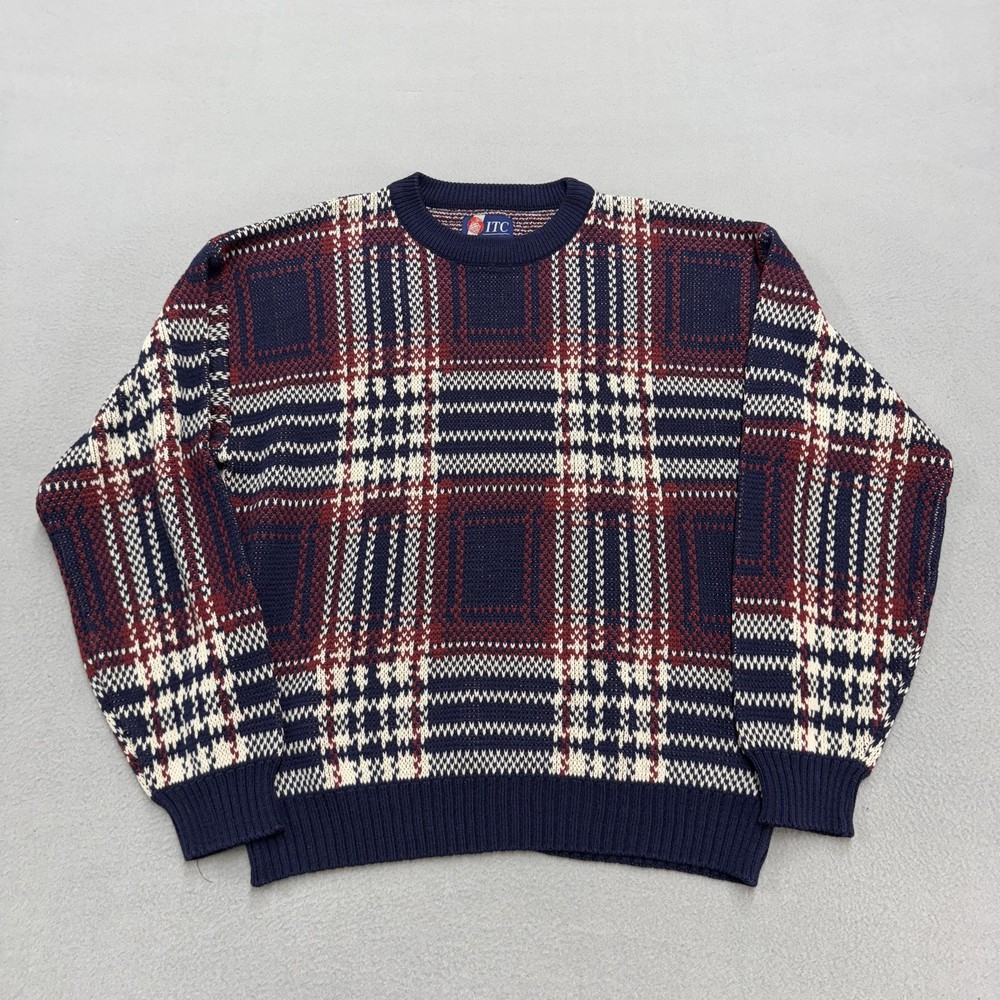 Vintage ITC Sweater Mens Large Blue Plaid Knit Crewneck Grandpa Retro Pullover