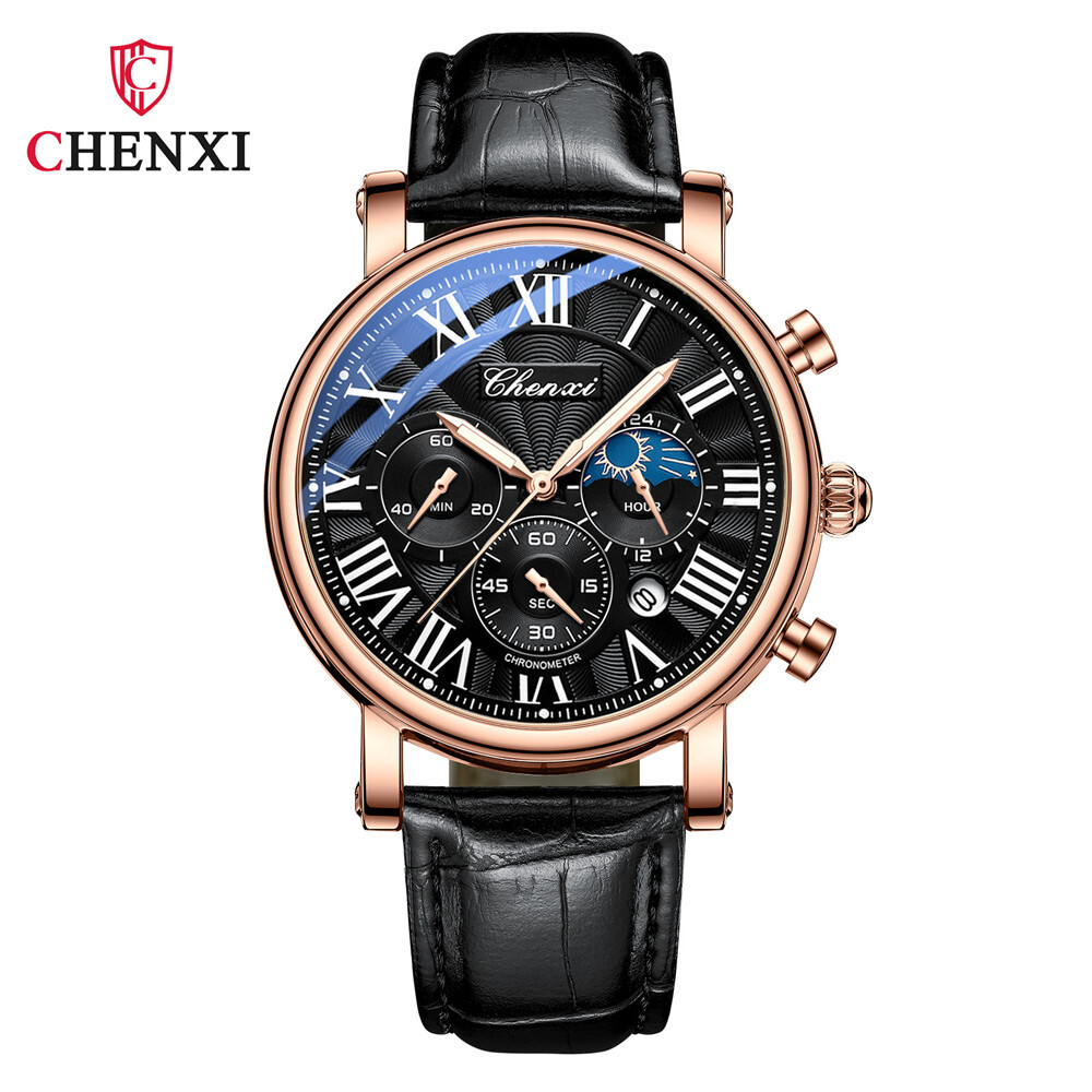 Chenxi Mens Roman Numeral Quartz Watch Business Leather Strap Wristwatch