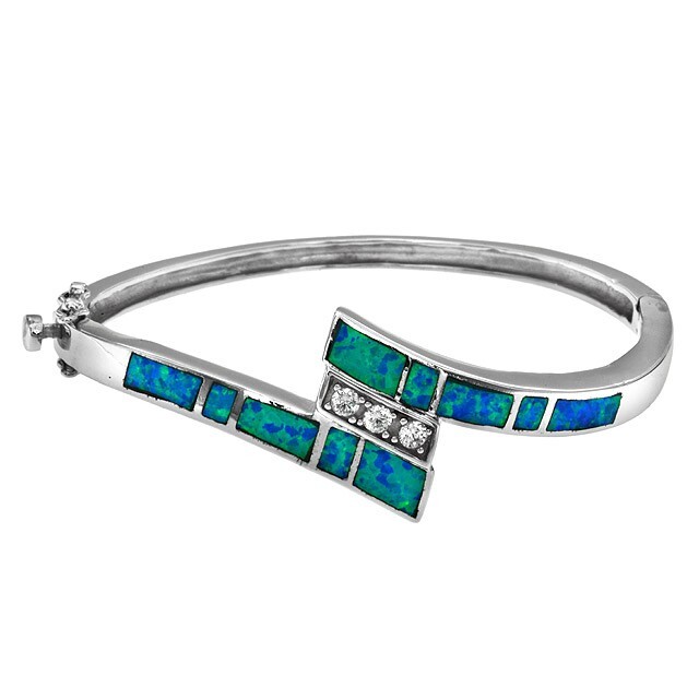 Australian Opal Inlay & Topaz 925 Sterling Silver Bangle Bracelet Jewelry ,OX3