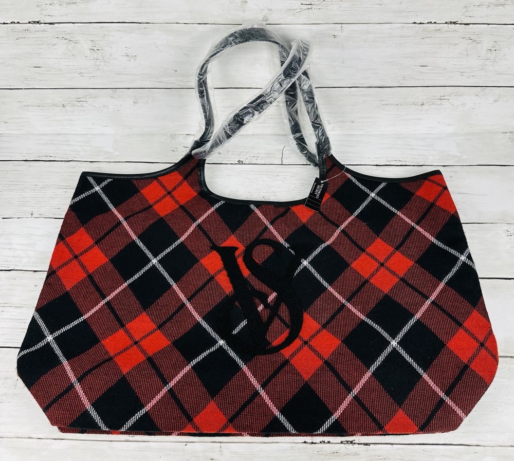 Victoria's Secret Tote Bag Red Black Tartan Plaid VS Logo Weekender NEW